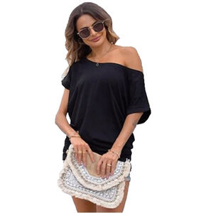 Poetsky Womens Summer Off Shoulder Shirts Casual Loose Short Sleeve Black Size L